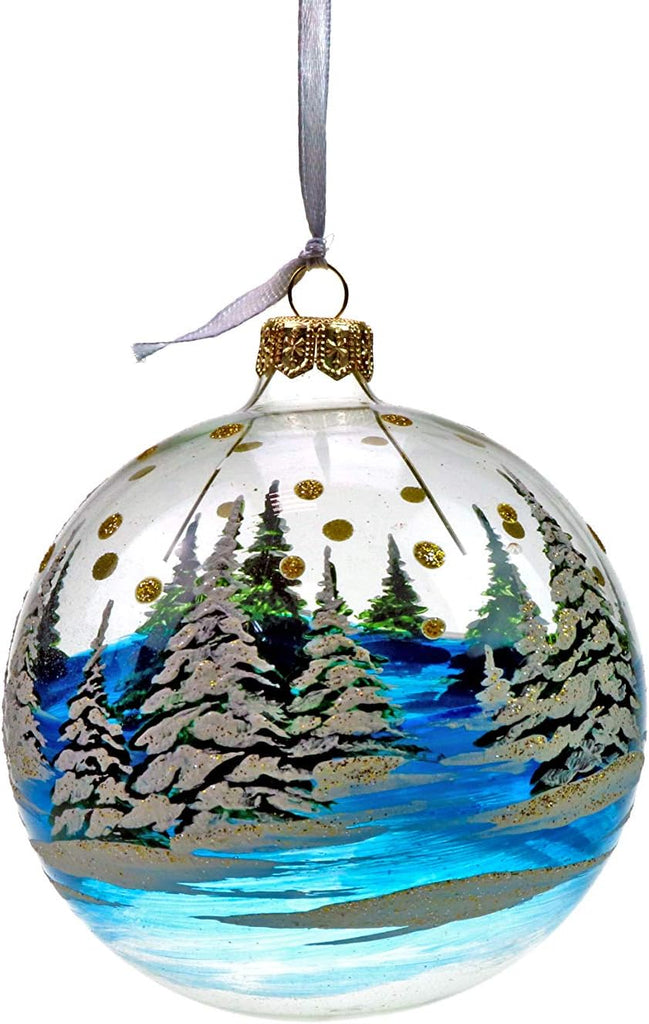 4" Christmas Tree Glass Ball, Christmas Motives on a Transparent Background Hand-Painted by Skilled Artisian, Set of