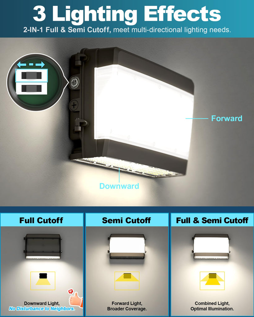 Full & Semi Cutoff LED Wall Pack Light, Selectable 150W/120W/100W & 3000K/4000K/5000K & Timed Dimming & Photocell