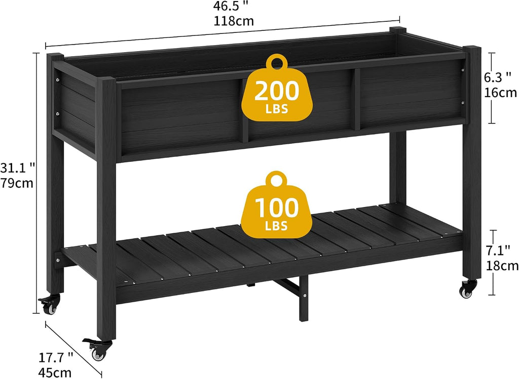 47x18x31in Raised Garden Bed Outdoor HDPE with Legs and Lockable Wheels, Weather-Resistant Poly-Wood Elevated Planter