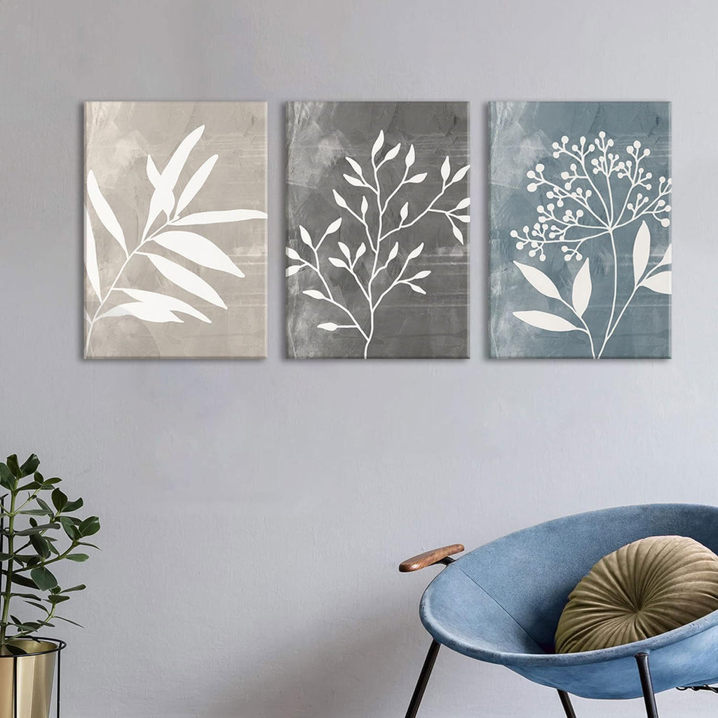 Vintage Botanical Canvas Wall Art Set of 3 Blue Grey and Beige Neutral Plant Leaf Prints Boho Minimalist Floral Art