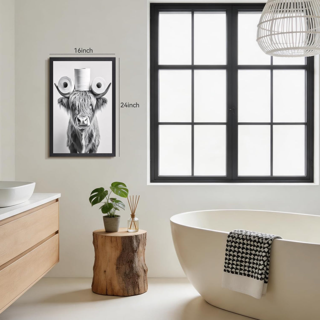 Wood Framed Black White Highland Cow Bathroom Wall Art 16x24 in