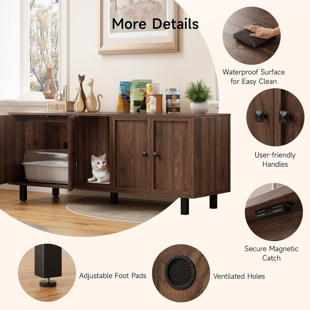 59 Inches Cat Litter Box Enclosure for 2 Cats, Walnut