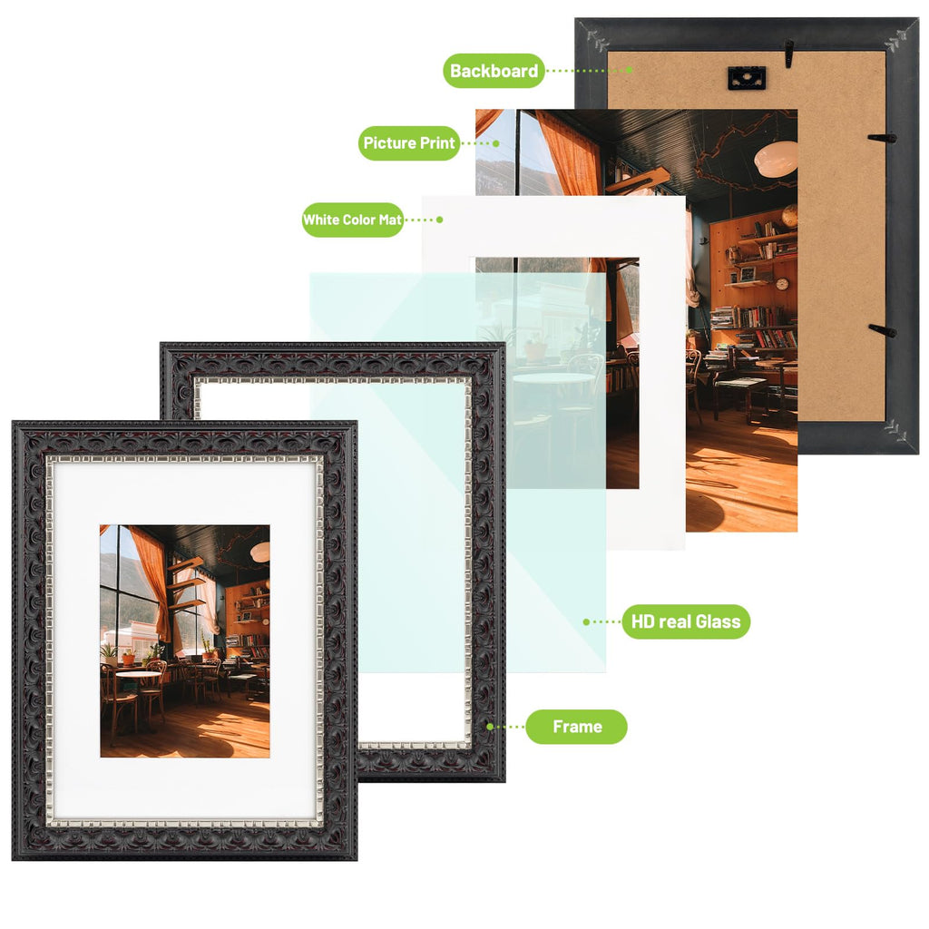 9x12 Black & Silver Photo Frame Mat for 6x8 Real Glass