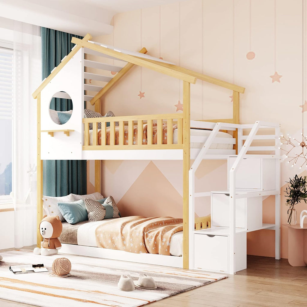 Twin Over Twin Bunk Bed with Stairs, Stairway House Bunk Bed Frame with Storage and Guard Rail for Kids Girls Boys