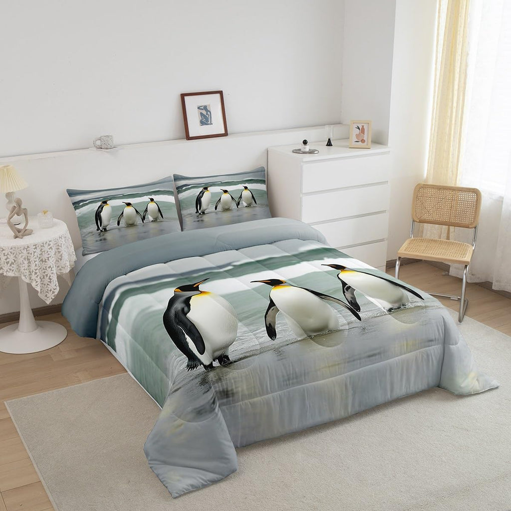 Cute Penguin Comforter Set Coastal Ocean Wave Bedding Set 3D Penguins Wildlife Bedding Home Decor Green Gray