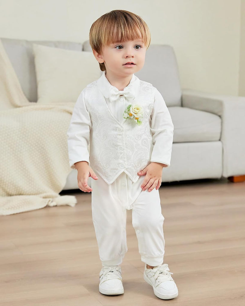 Baby Boy Suit Gentleman Clothes Wedding Outfits Formal Jumpsuit Long Sleeve Romper+Vest
