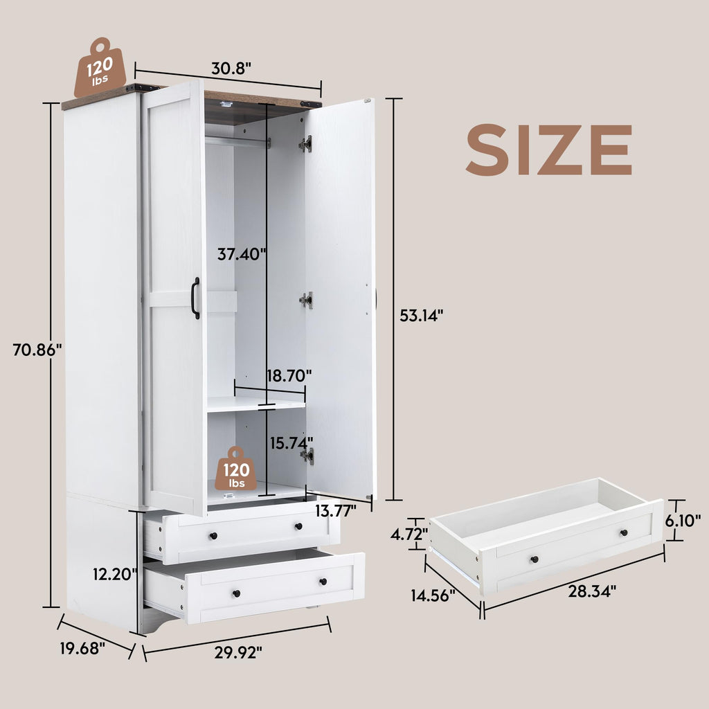 2 Doors Wooden Armoire Wardrobe Closet with 2 Drawers, White