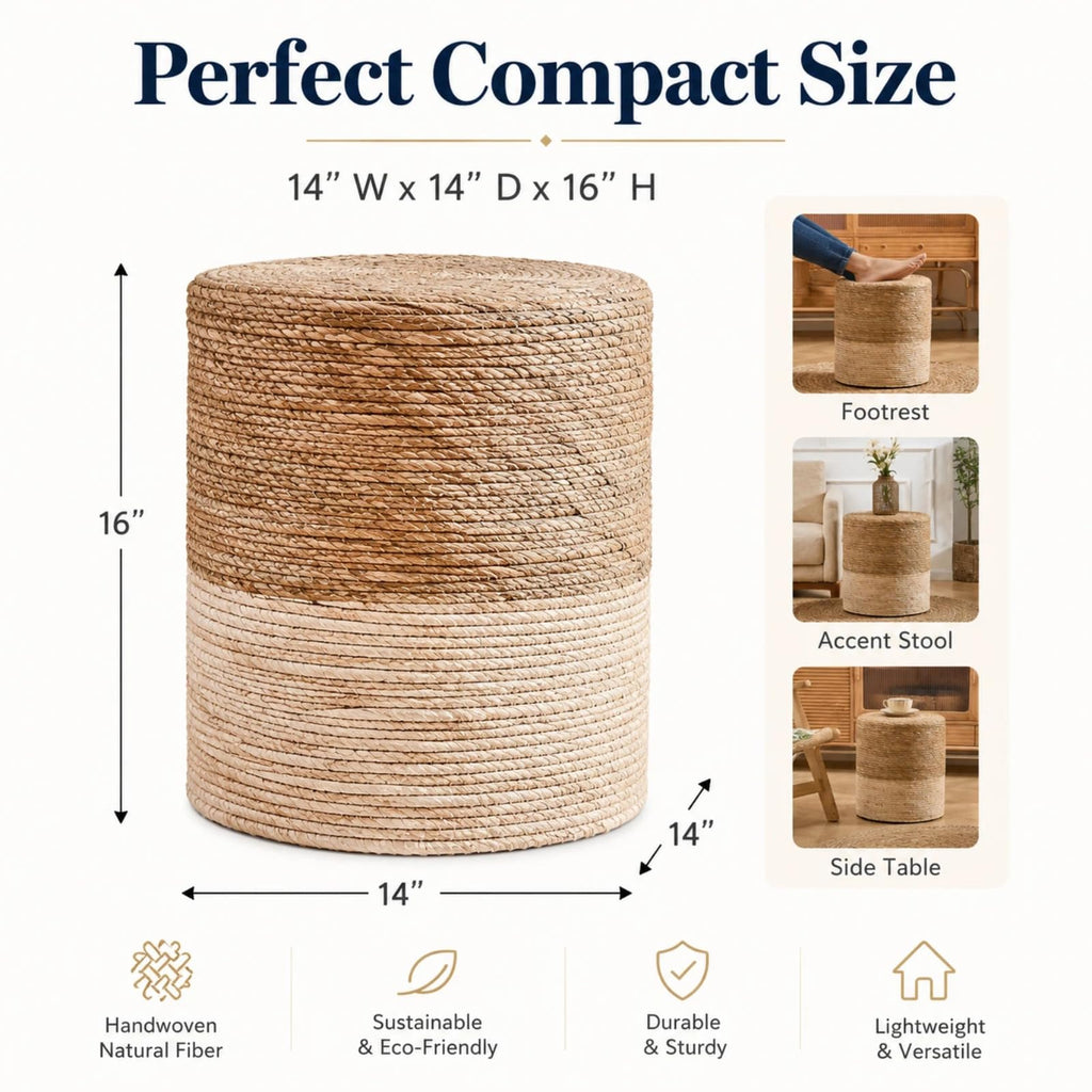 14" Boho Pouf Patio Ottomans Natural Straw Handweave Rustic Round Footstool