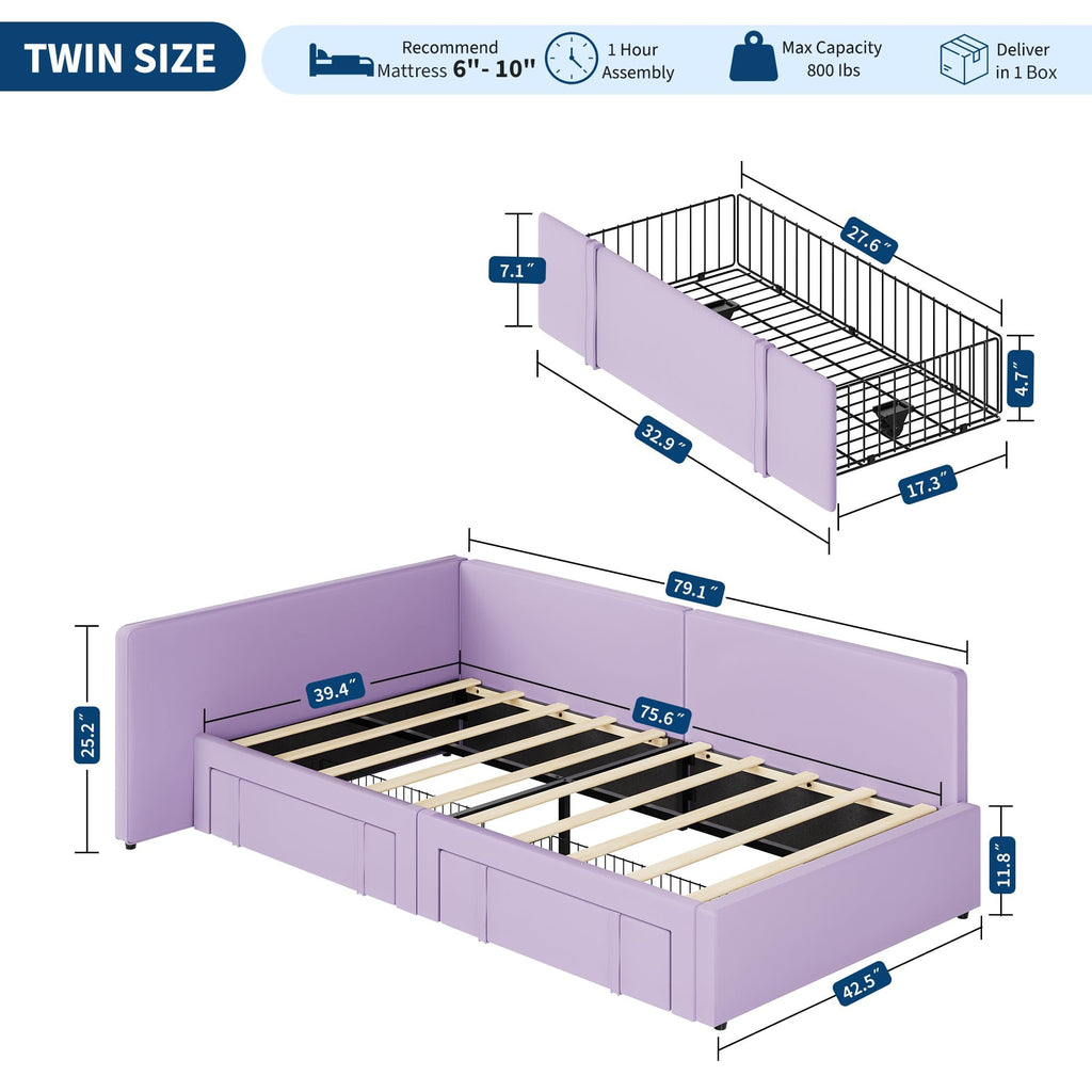 Twin Daybed with 2 Storage Drawers, Corner Bed Frame with Extended Headboard and Bed Rails, Velvet Upholstered Sofa