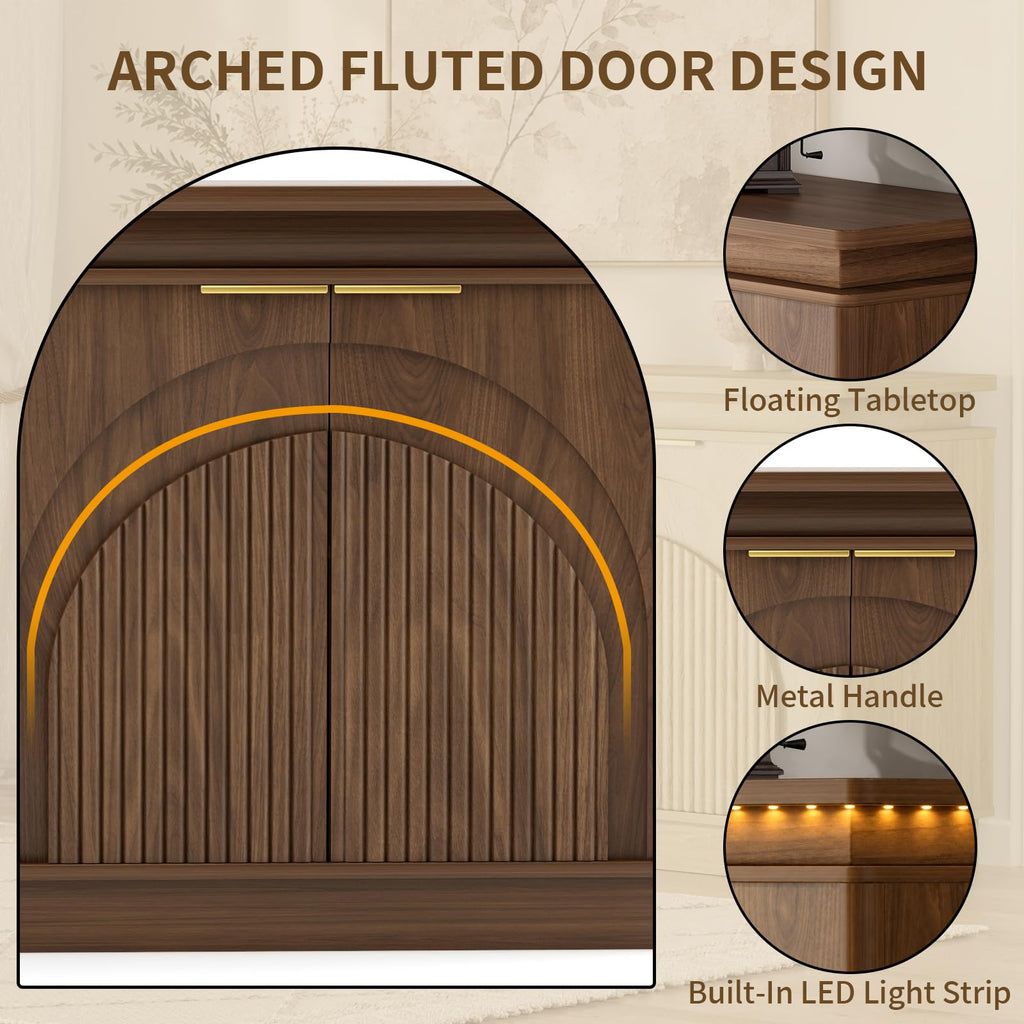 65.7" Sideboard Buffet Cabinet with Arched Fluted Doors, LED Lights