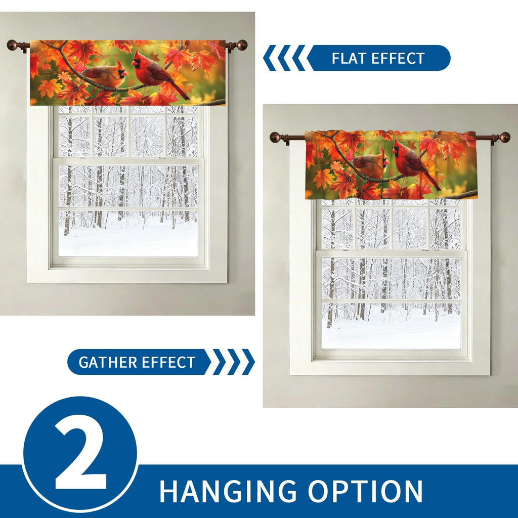 Fall Cardinal Bird Valances for Windows 2 Pack 54"x18" Autumn Maple Leaf Leaves Short Curtains Thanksgiving Nature