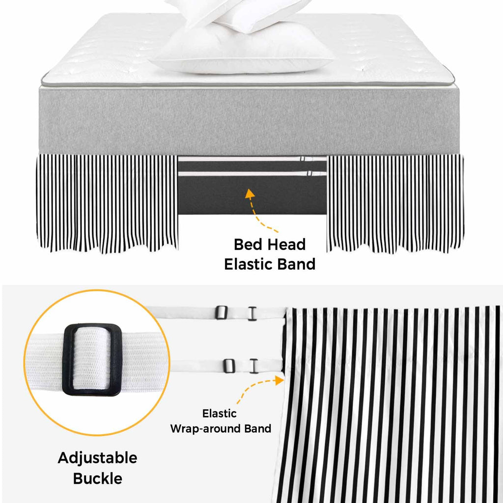 Black White Vertical Striped Bed Skirt 16 Inch Drop, Adjustable & Elastic Wrap Around Bed Skirts Pleated