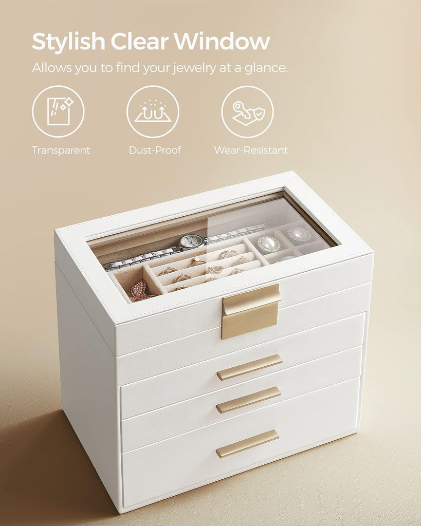 Jewelry Box Organizer, 4-Layer Storage with 3 Drawers, Glass Lid