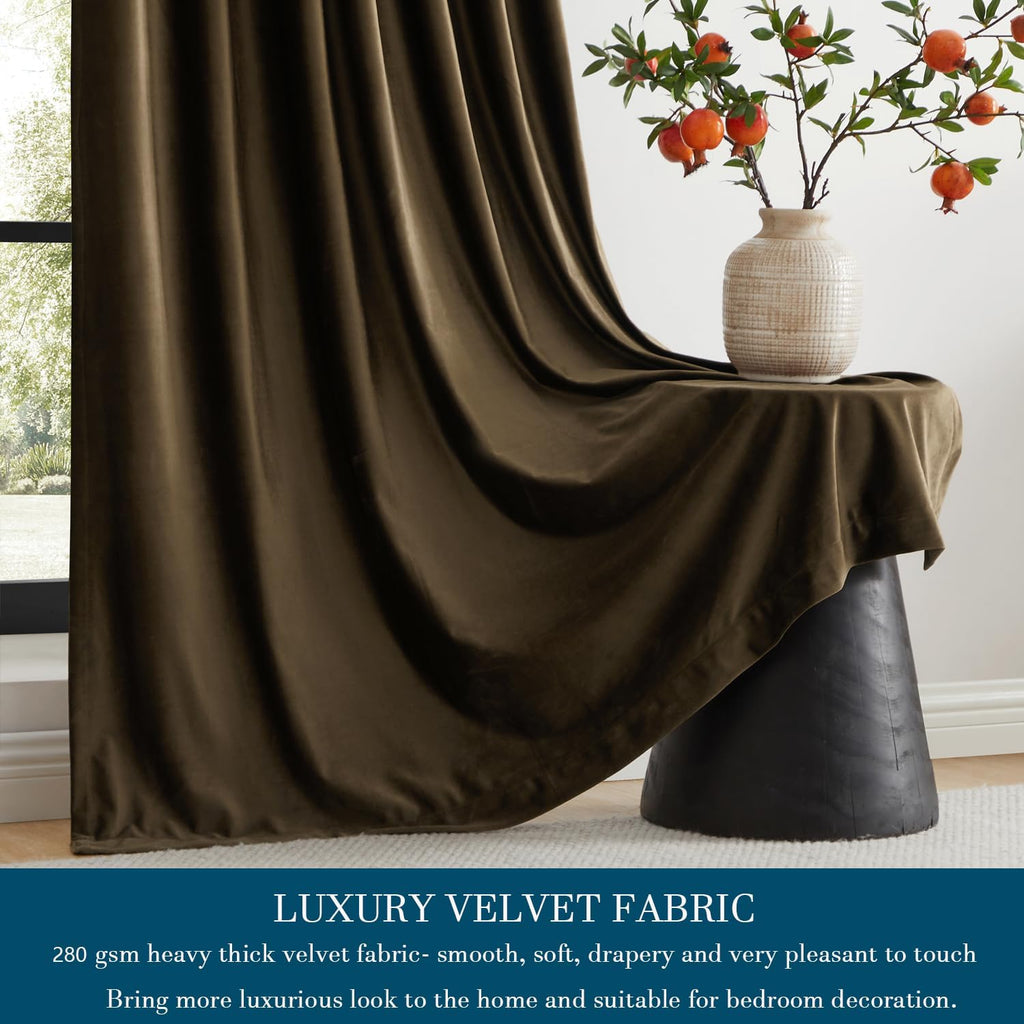 Brown Velvet Curtains 96 inch Long,Set of 2 Panels Blackout Rod Pocket Back Tab Window Treatment Room Darkening Heavy