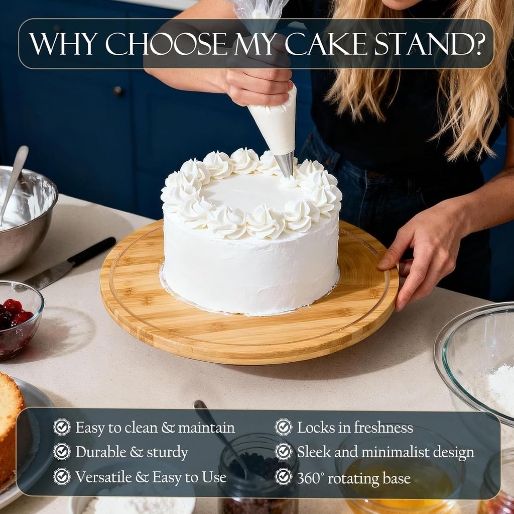 Rotating Bamboo Cake Stand with Shatterproof Acrylic Dome,11.8in