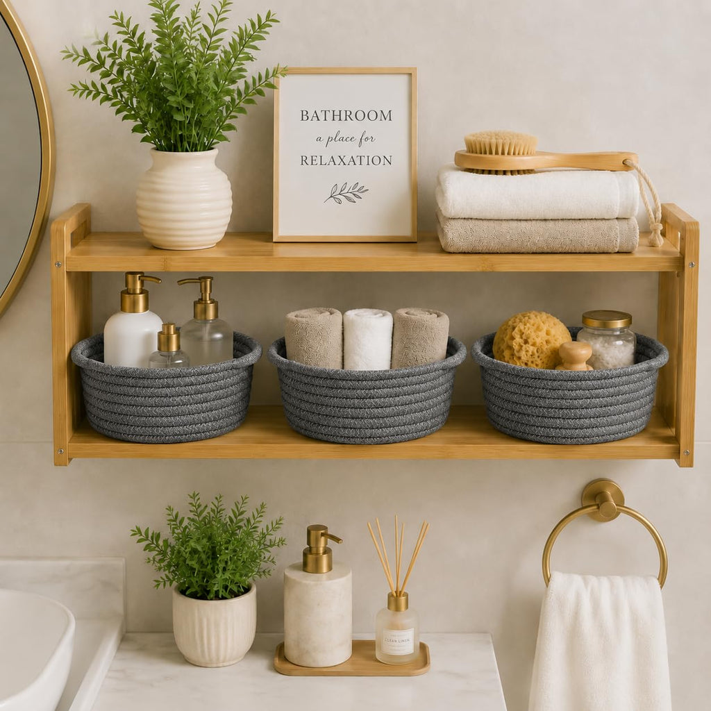 Small Woven Cotton Rope Baskets with Handles, Set of 3, Grey