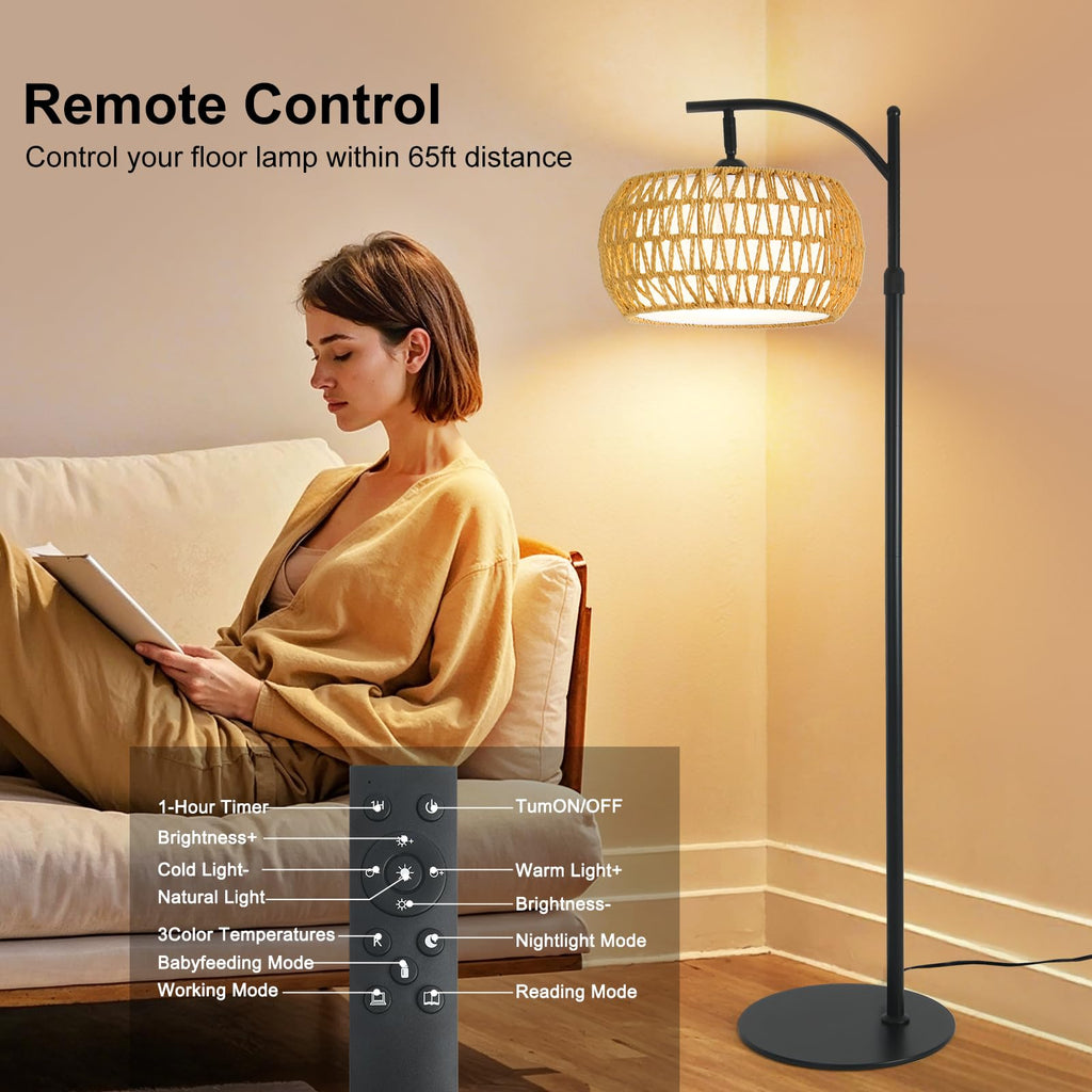 Black Boho Rattan Floor Lamp with Shade - Dimmable 12W LED, Remote & 3 Color Temps, Handwoven Arc Standing Light