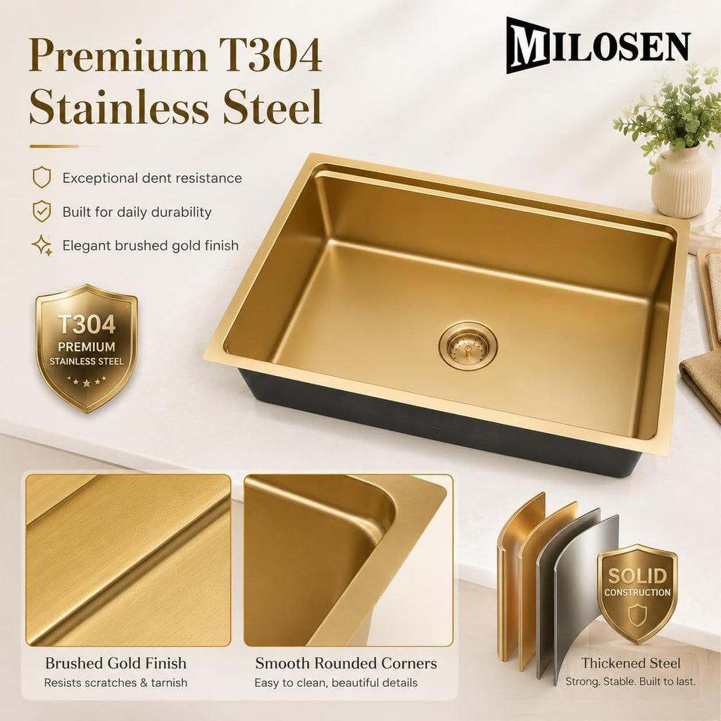 32 Inch Gold Undermount Kitchen Sink, 32" x 18" Gold Workstation Sinks, Stainless Steel Single Bowl Sink with Custom