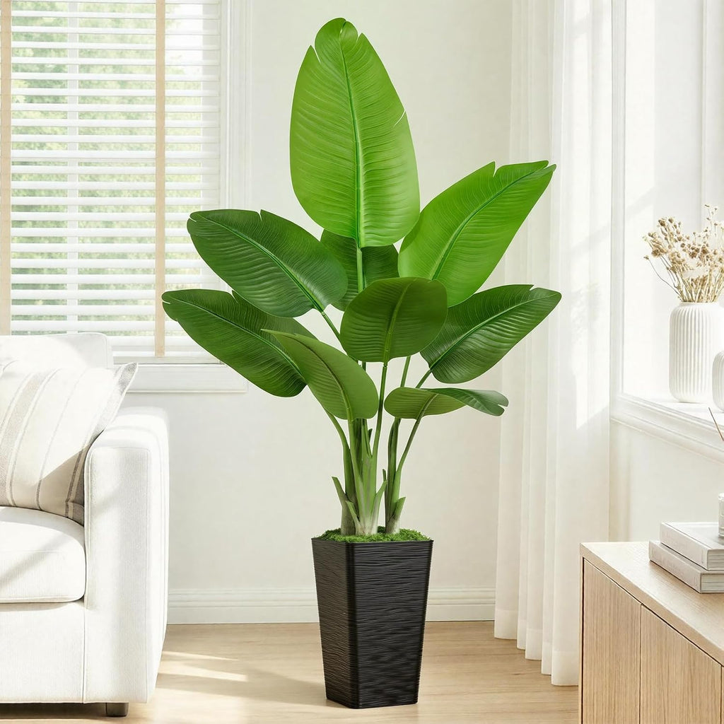 Lifelike Bird of Paradise Artificial Plant 5ft Faux Banana Leaf Tree with Black Tall Wavy-Textured Planter Decor