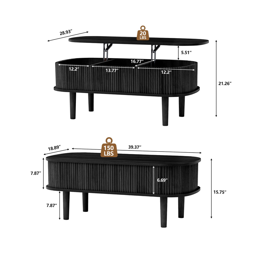 Fully Assembled Fluted Lift Top with Hidden Compartment, Wooden Center Table, Modern Oval Lift Tabletop Living Room