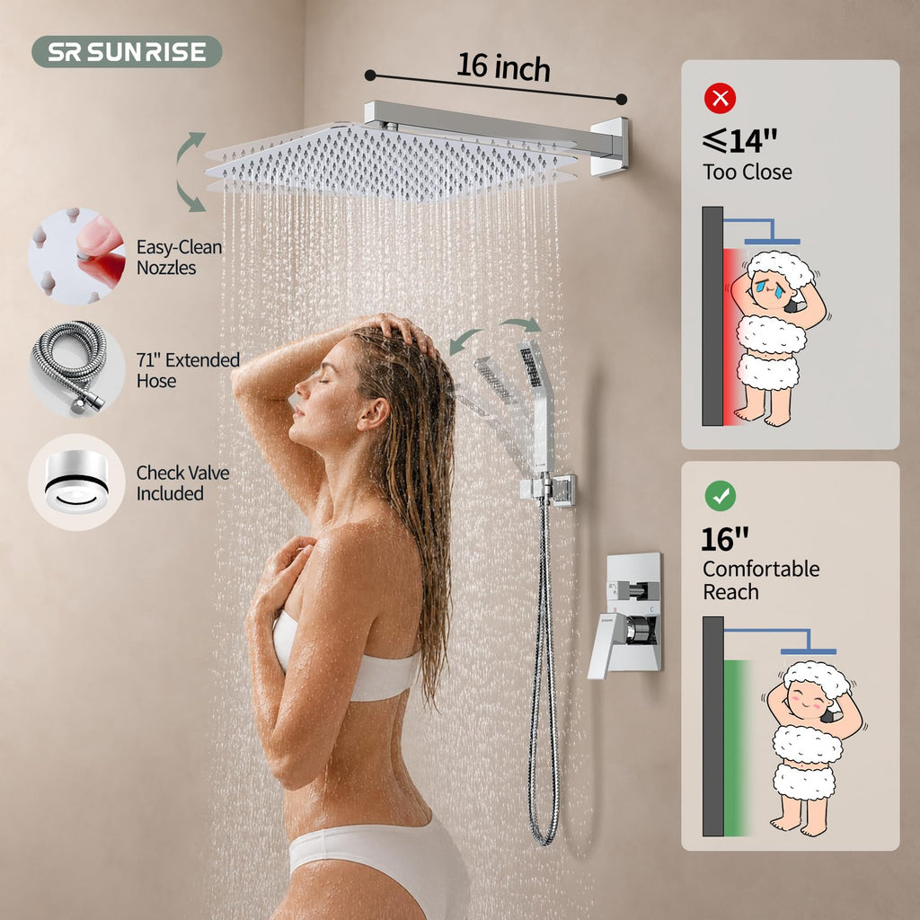 Shower Faucet Set 16-Inch Rainfall Shower Head Polished Chrome