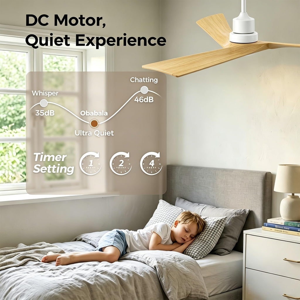 Inspired Adler Style 52" Solid Wood Ceiling Fan Without Light, 3 Sculpted Blades, Quiet DC Motor, 6-Speed Remote - White and Natural Wood