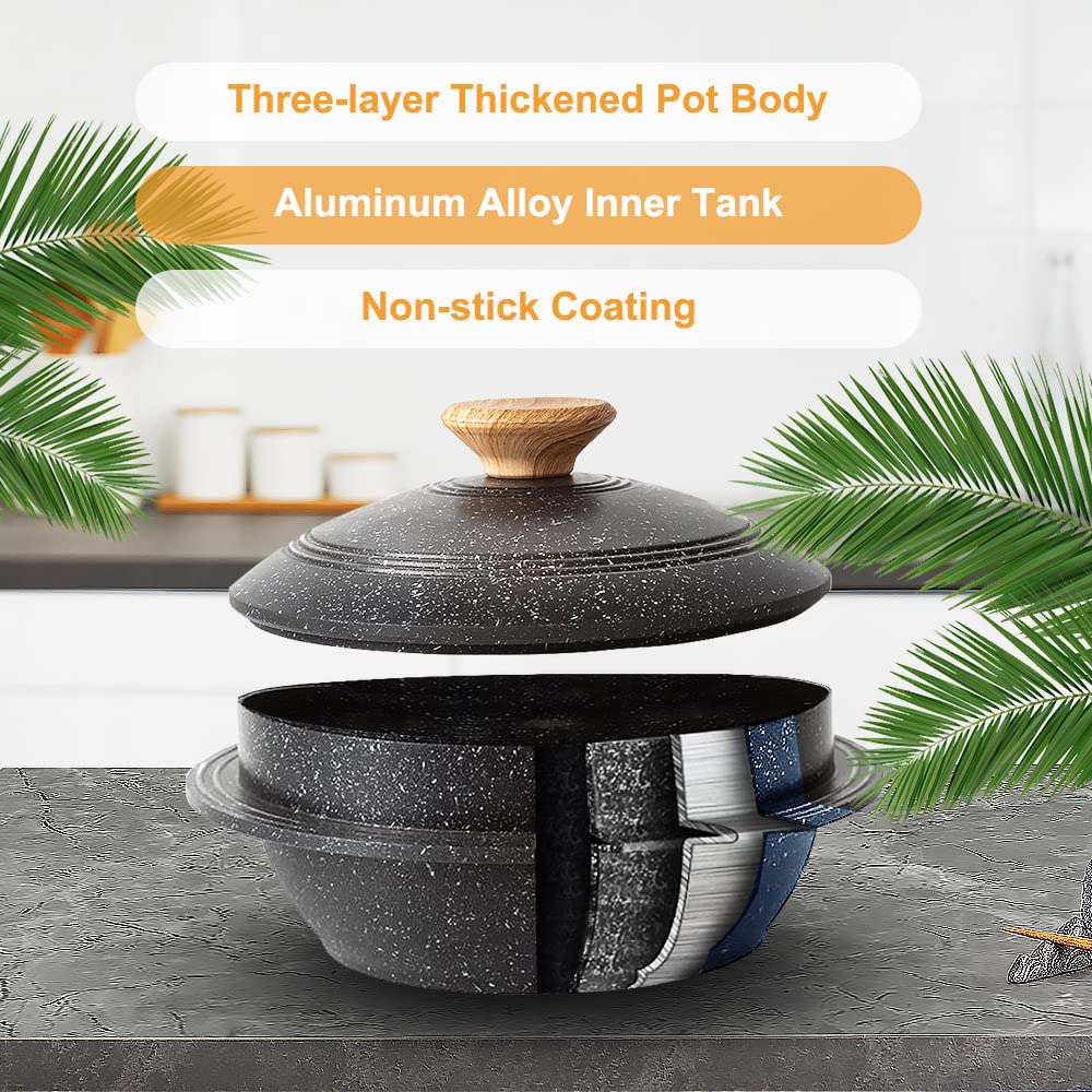 Cast Aluminum Pot with Lid, 7 in Non-Stick Casserole Dish Korean Stone Bowl Induction Compatible, Black