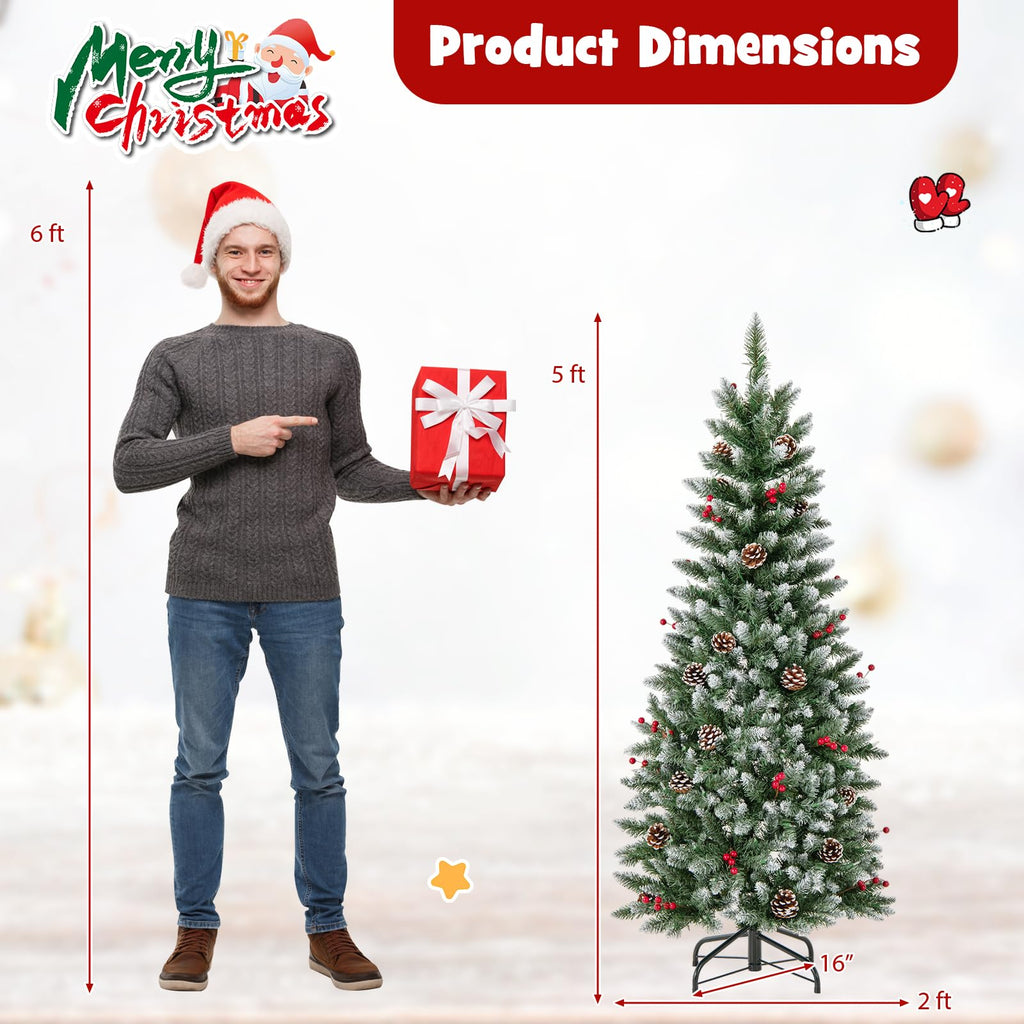 5ft Pre-Lit Pencil Christmas Tree with 250 LED Lights, Pine Cones