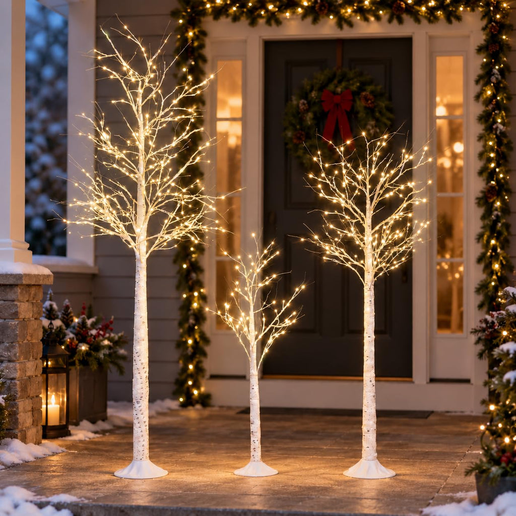 Lighted Birch Tree Set of 3, 464 LEDs Warm White Christmas Tree 4 FT 6 FT 8 FT with Timer, 8 Modes & 4 Brightness