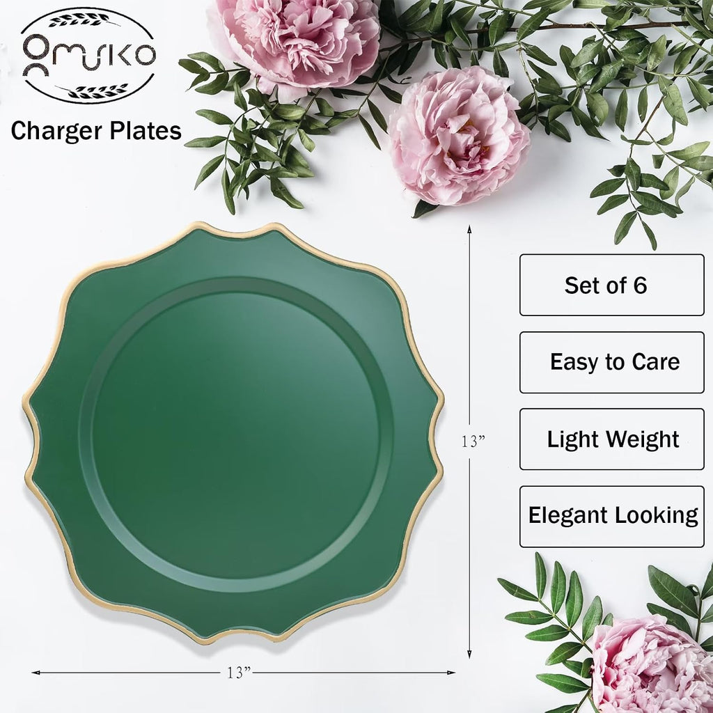 Green Chargers for Dinner Plates, 13 Inch Scalloped Plastic Decorative Table Charger Service Plates Set of 6