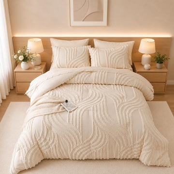 Beige Comforter Set - 7 Pieces Bed in a Bag, Premium Comforters Bed Set Tufted Shabby Chic Bedding