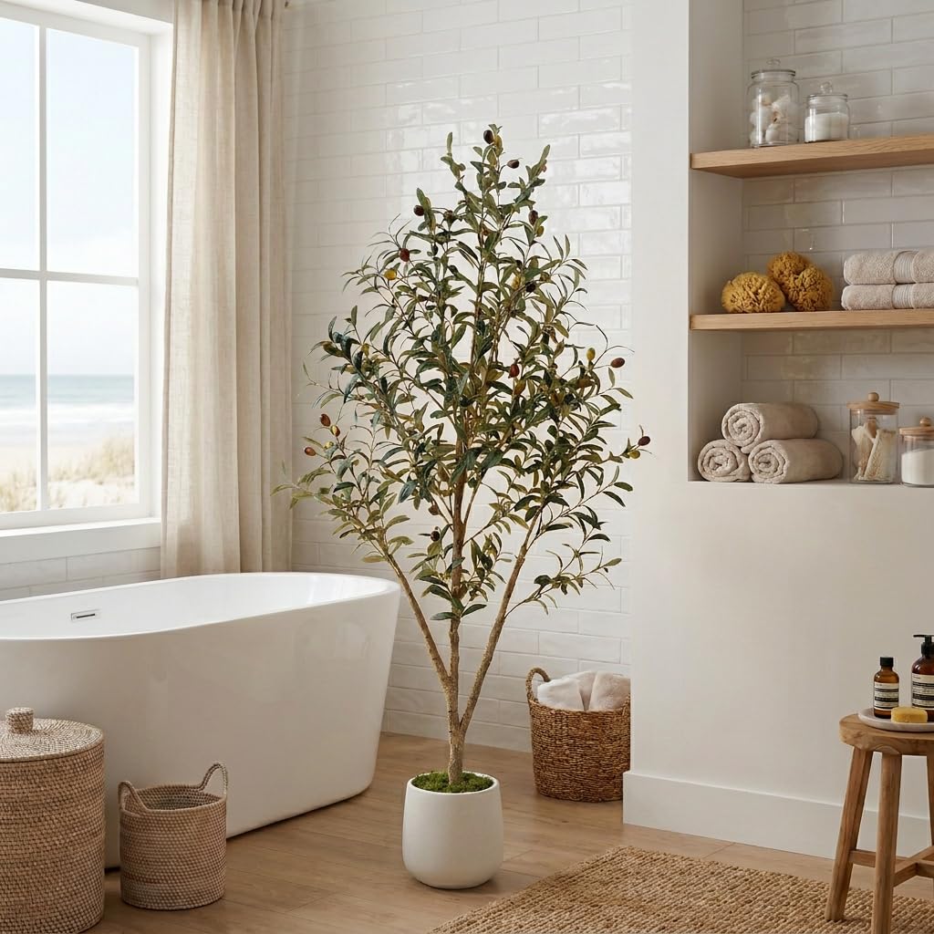 5ft Artificial Olive Tree with LED Light & White Pot - Fake Indoor Plant