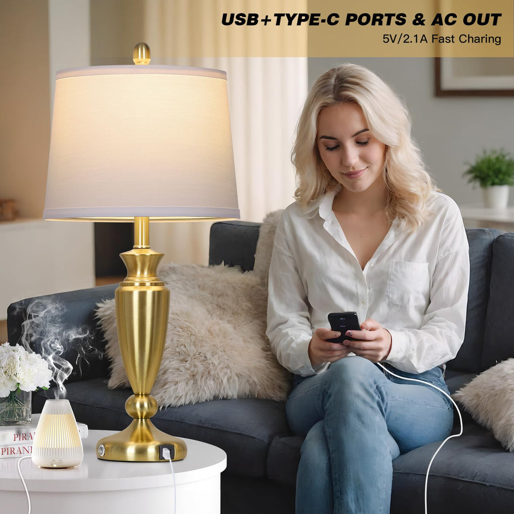 27" Gold Table Lamp Single, Touch Control Modern Bedroom Lamp with USB A+C Ports, 3-Way Metal Bedside Lamp, Elegant