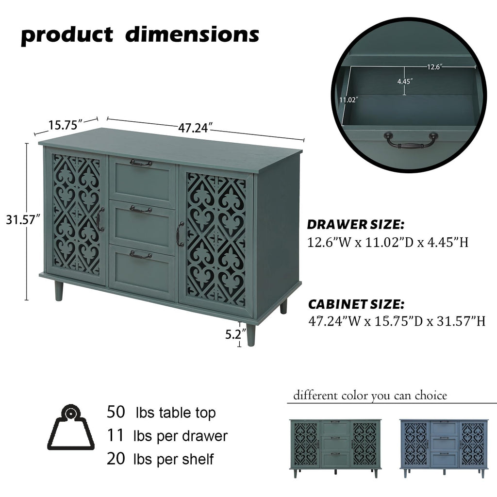 Green 2 Door 3 Drawer Sideboard Buffet, Farmhouse Accent Cabinet