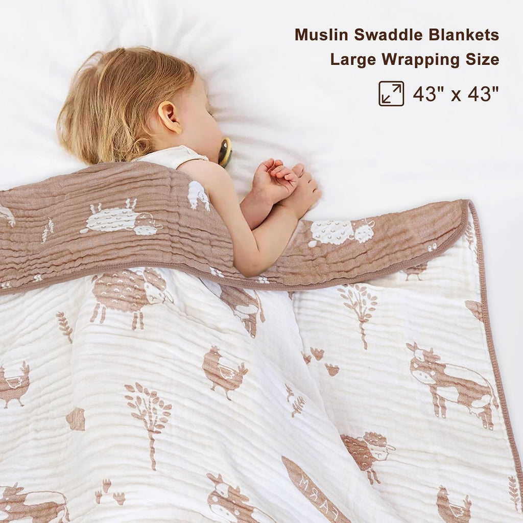 Ultra Soft Muslin Baby Blanket 6 Layers Neutral Swaddles Bed Blankets with Lovey Animal Design for Newborn Babies