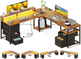 66" L Shaped Computer Desk, 113“ Reversible Home Office Desk with File Cabinet & 4 Fabric Drawers