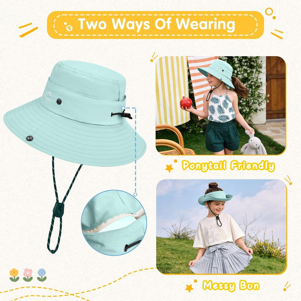 Kids UPF 50+ Sun Hat for Boys Girls Wide Brim Lightweight Bucket Hat for Hiking Beach Safari, Quick Dry Adjustable
