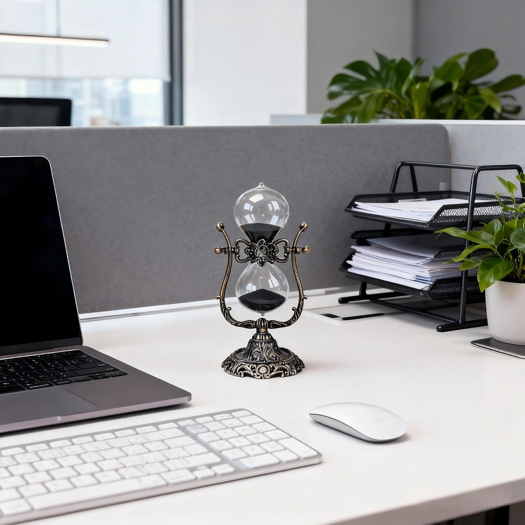 Vintage 30-Minute Hourglass with Zinc Alloy Base - Black Sand Timer Desk Decor, Decorative Antique Style Glass &