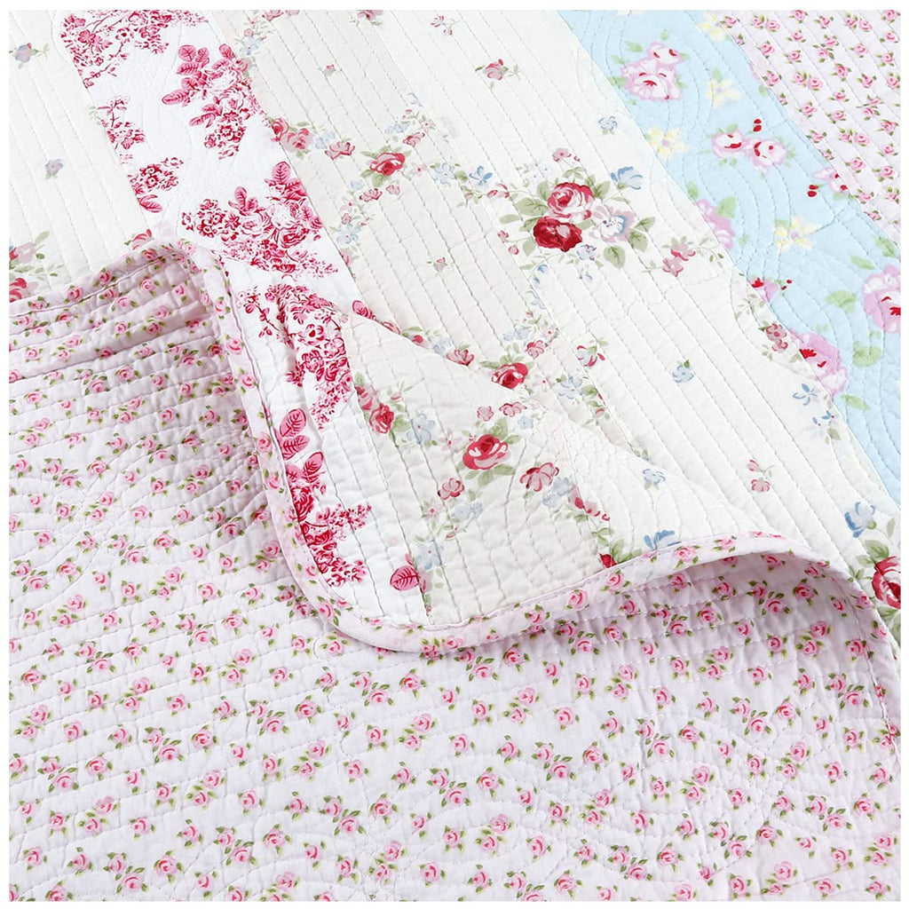 Floral Striped Floral Print Pattern Reversible 100% Cotton Quilted Throw Blanket 60" x 50" Machine Washable and