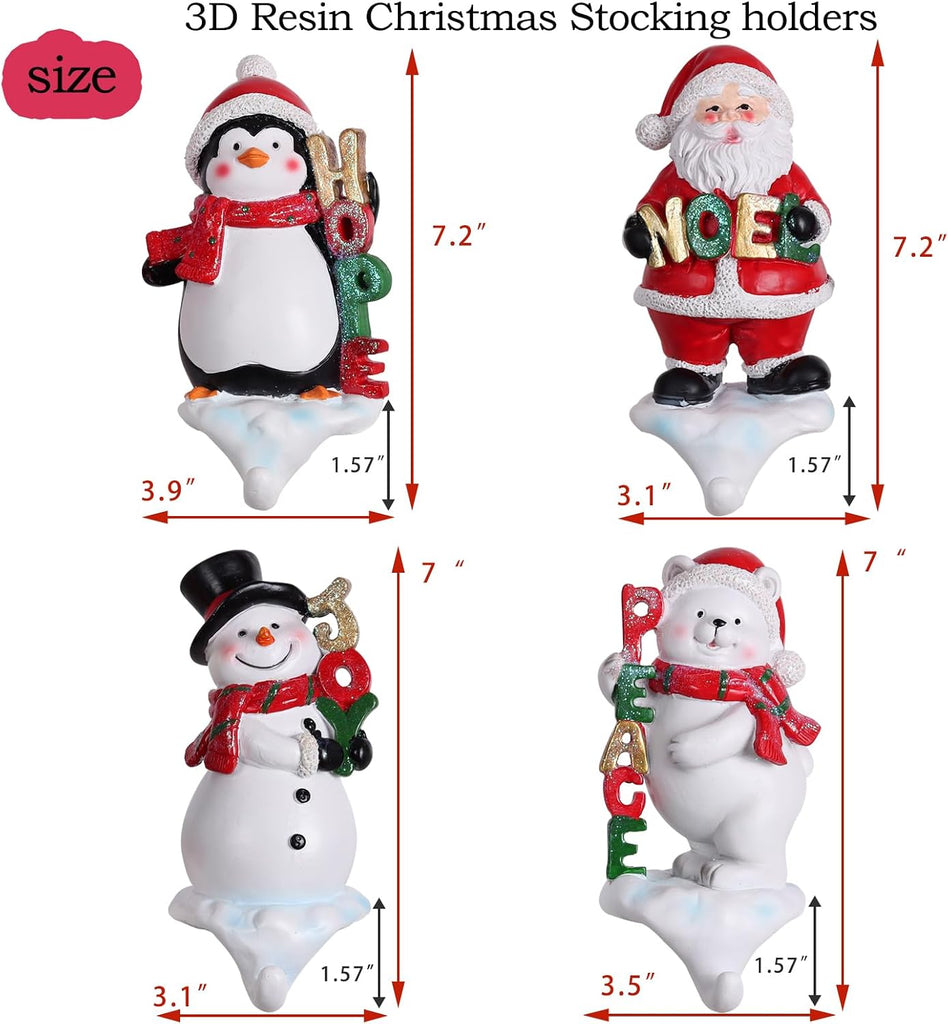 Holders for Mantle, 3D Stocking Holders, Christmas Stockings Holder Set of 4, Fireplace Stocking Hanger Hooks for