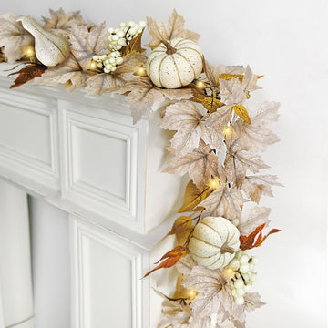 Fall Decorations 6Ft Fall Garland with Lights, Fake Pumpkin Berry Autumn Maple Leaves Garland for Mantle Halloween