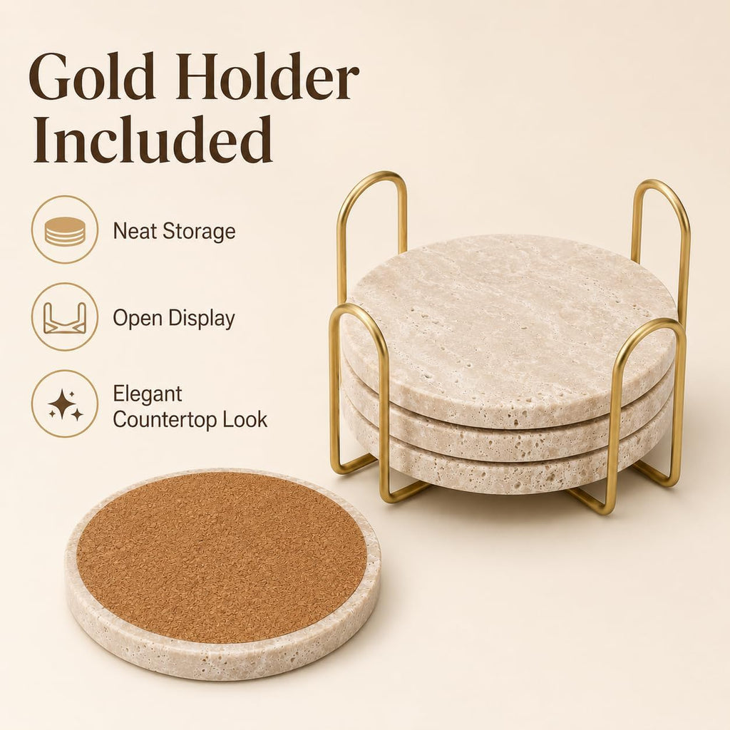 Travertine Coasters with Gold Holder Natural Stone, Cork Backing - Set of 4