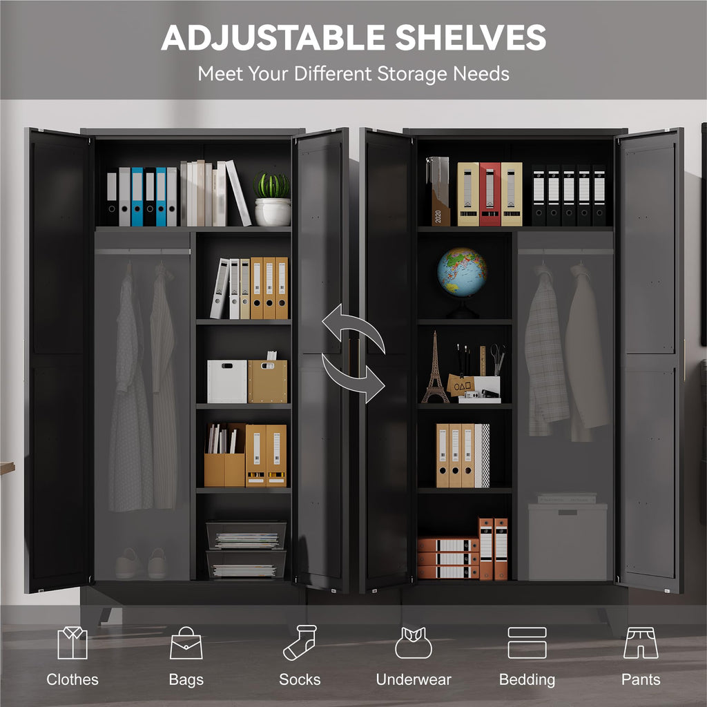 Metal Wardrobe Cabinet with Hanging Rod, Large 71" Armoire Wardrobe Closet with Adjustable Shelves and Doors, Farmhouse