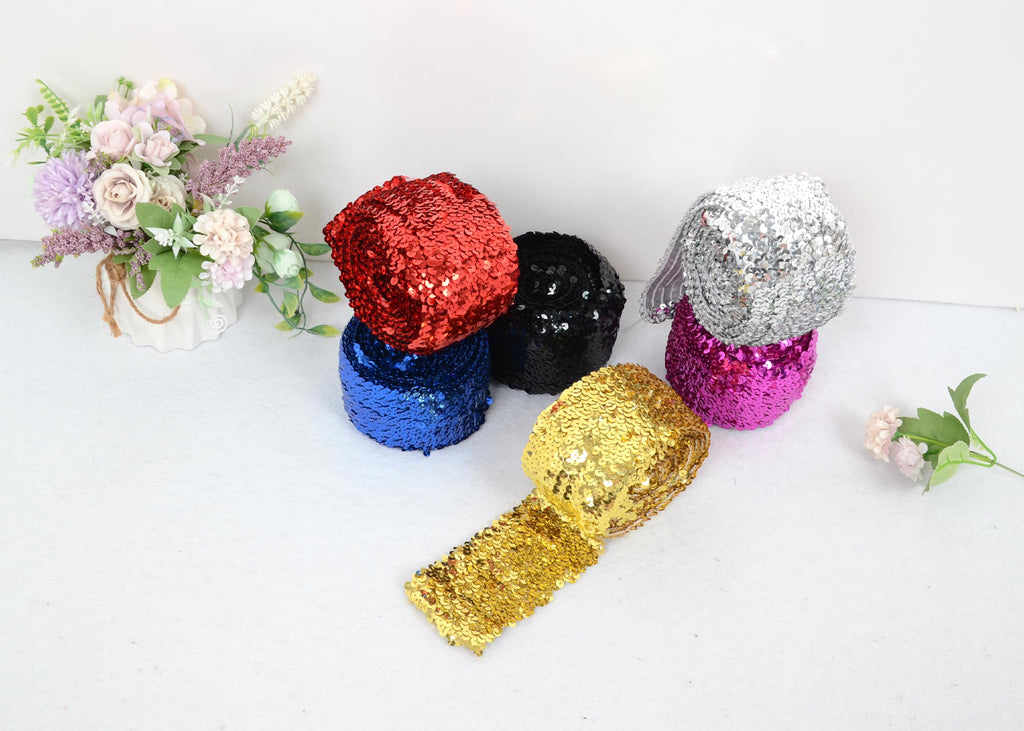 Elastic Sequin Trim, 3 Inch 8 Row Wide Flat Glitter Bling Fabric Paillette Sequin Ribbon, Metallic Stretch Sequin