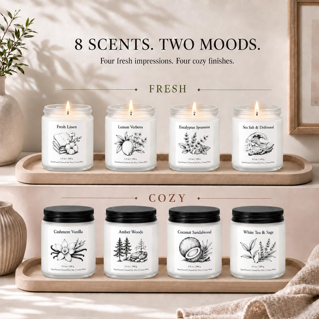 Scented Candles Gift Set 8-Piece, Soy Candles in Frosted Glass, Fresh by Day, Cozy by Night - Eight 3.5 oz Soy Candles