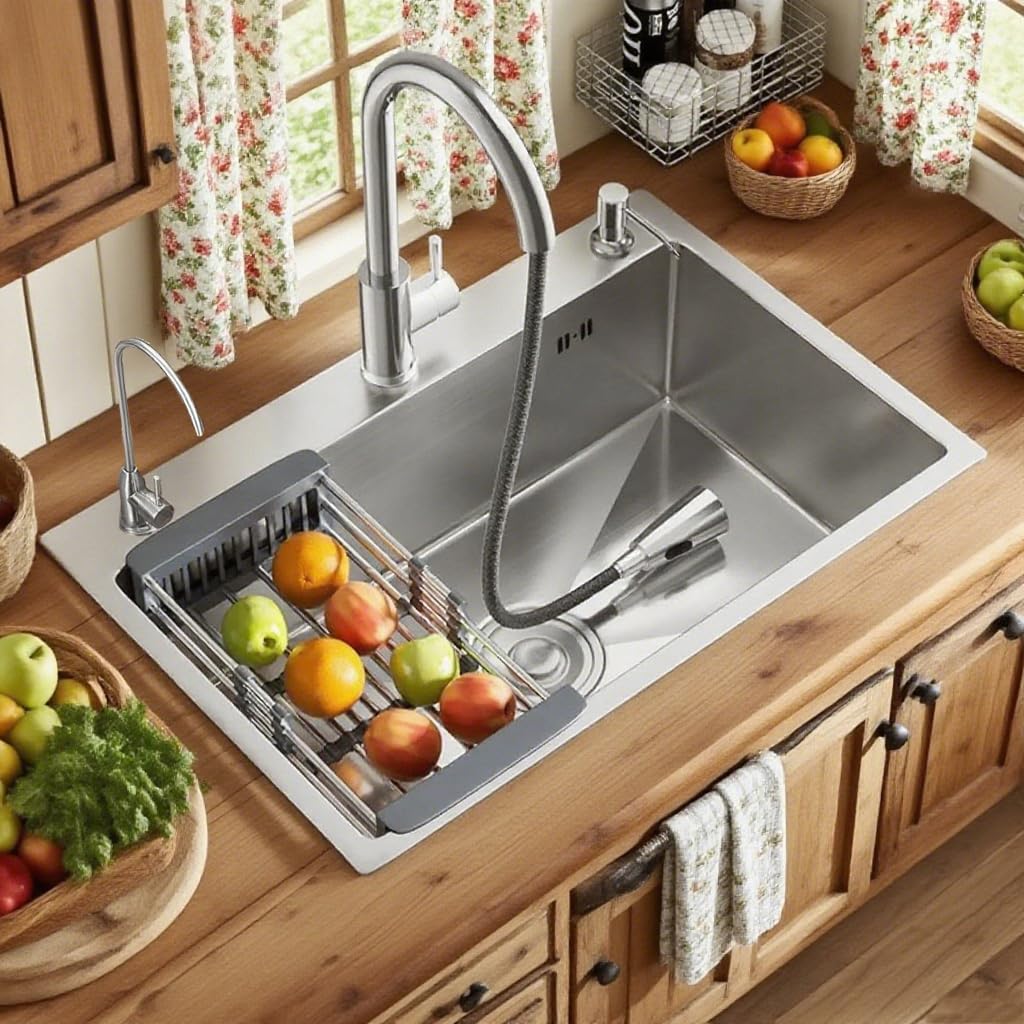 Drop In Stainless Steel Kitchen Sink, 3 Hole Topmount Single Bowl Workstation Sink, Farmhouse Workstation sink with