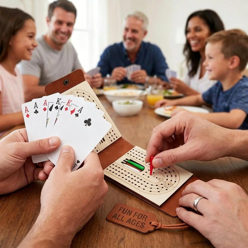 Travel Cribbage Board Game Set, with 6 Pags and 1 Playing Cards,Leather-Wood 3-Track Cribbage Board with Cards & Pegs