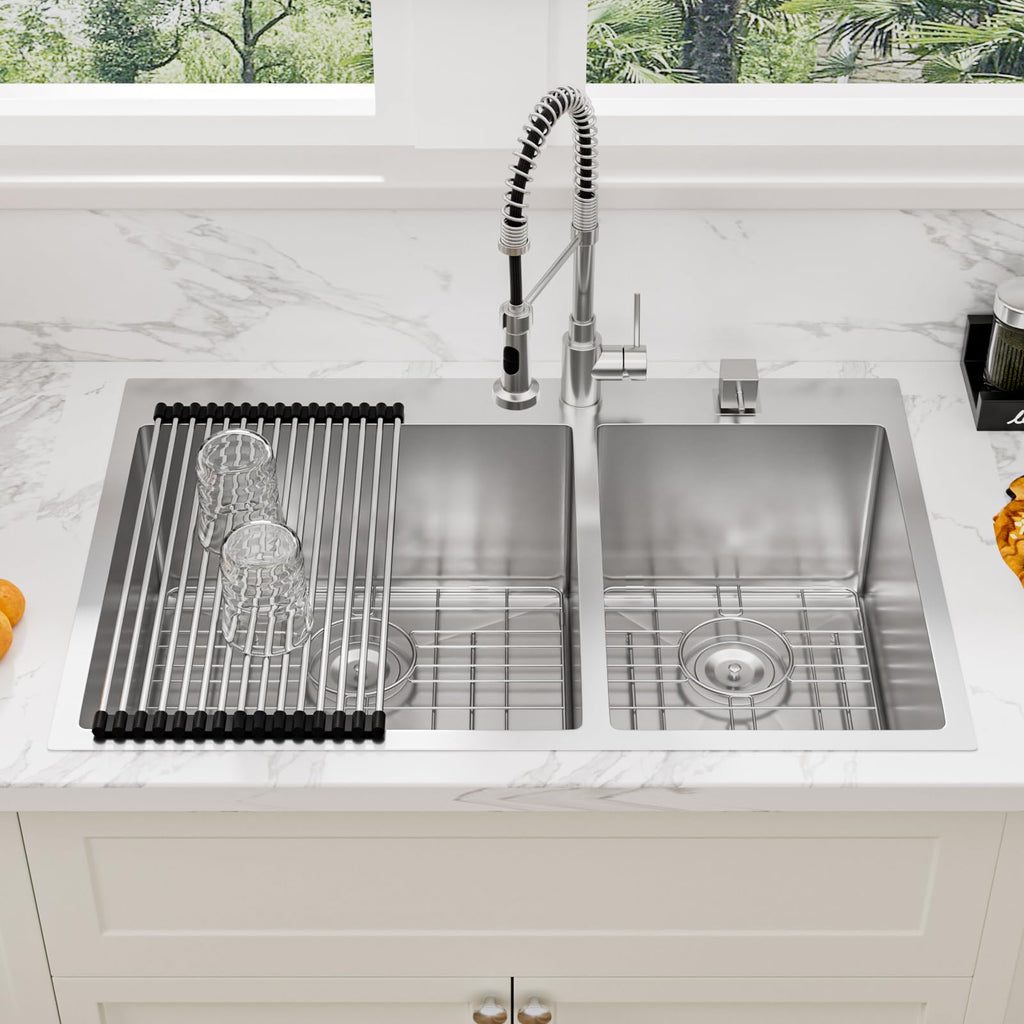 33 Inch Kitchen Sink Drop In Double Bowl- 33x22 Inch Drop Kitchen Sink Stainless Steel 16 Gauge Topmount Double Basin