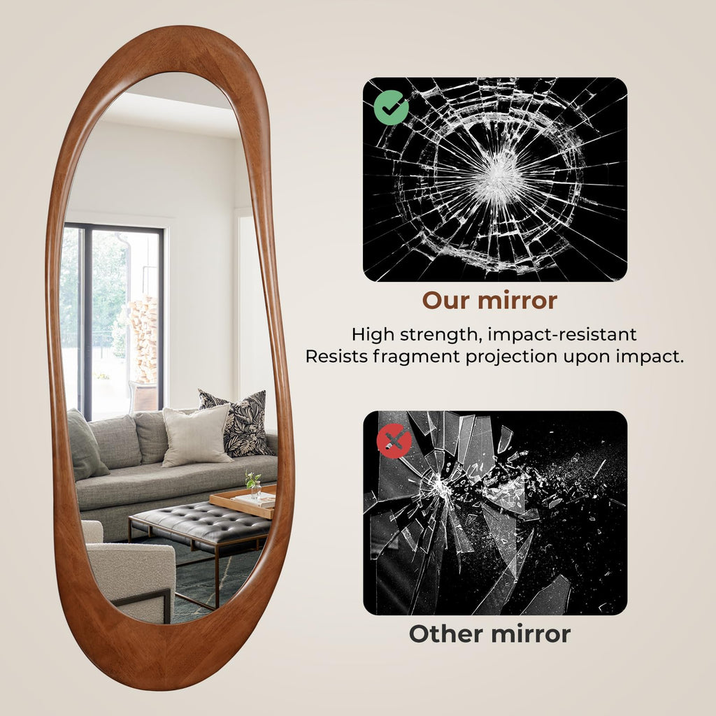 Asymmetrical Full Length Wooden Mirror, 22.5" x 63" Irregular Solid Wood Wall Mirror, Boho Decor Living Room