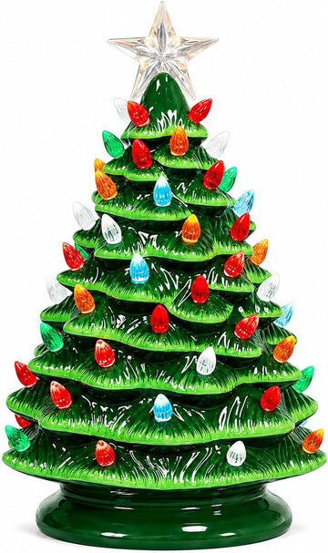 Ceramic Christmas Tree 14"H by LED Lighted Vintage Inspired Tabletop Décor with Multicolor Bulbs Star Battery